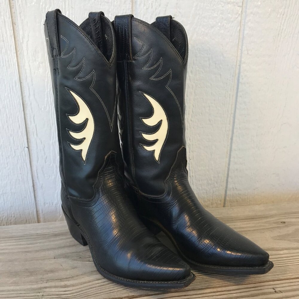 Diamond J Lizard Print Womens Black Leather Cowboy Western Boots 7 B 7034L - Picture 1 of 14